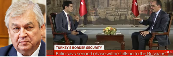 Left, Alexander Lavrentiev; right, Ibrahim Kalin in interview with Pakistan state television on October 19. Source: https://www.youtube.com/ In the Sochi meeting between Putin and Erdogan, Kalin was seated in the Turkish delegation opposite Ushakov in  the Russian delegation.
