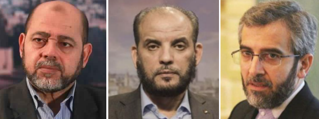 Αριστερά: Moussa Mohammed Abu Marzouq;  κέντρο: Husam Badran;  δεξιά, Ali Bagheri Kyani.