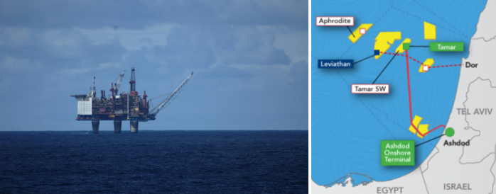 Αριστερά: Η μηχανή παραγωγής φυσικού αερίου Tamar της Chevron βρίσκεται στη θάλασσα 24 χιλιόμετρα δυτικά της Ασκελόν.  Δεξιά: κάντε κλικ για μεγέθυνση του χάρτη των υπεράκτιων πηγών φυσικού αερίου του Ισραήλ.